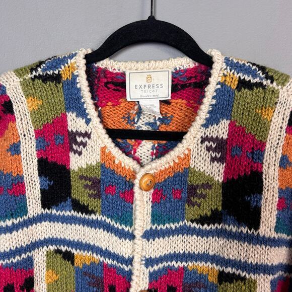 Express sweater M / L cardigan vintage wool hand knit chunky oversized colorful - Picture 4 of 15